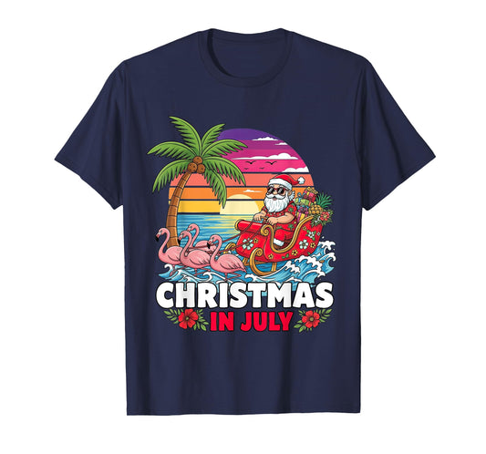 Xmas in July Santa Beach Trip Tropical Summer Vibes Palm T-Shirt