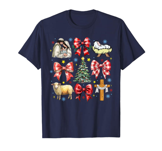 Jesus Birth Christmas Coquette Bow Nativity Scene Christian T-Shirt