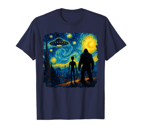 Bigfoot Alien UFO Van Gogh Starry Night Sasquatch Graphic T-Shirt