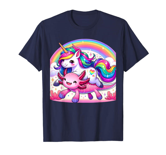 Unicorn Riding Axolotl Kawaii Kids Girls Boys Men Rainbow T-Shirt