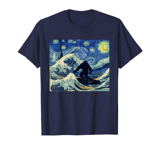 Starry Night bigfoot surfing great wave off Kanagawa T-Shirt