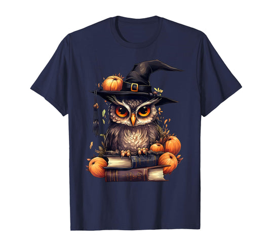 Cottagecore Owl Witch Hat On Book Pumpkin Halloween Costume T-Shirt