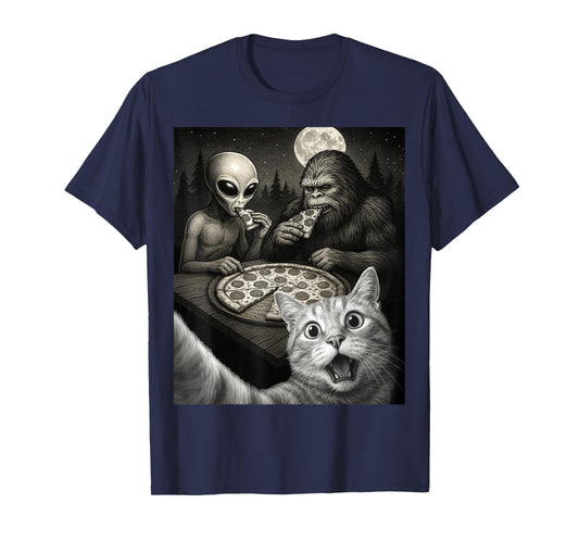 Funny Selfie of Cat With Bigfoot Eating Pizza With An Alien T-Shirt