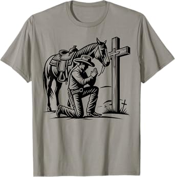 Cowboy Praying, Western Theme, Horse and Cross, Faith T-Shirt