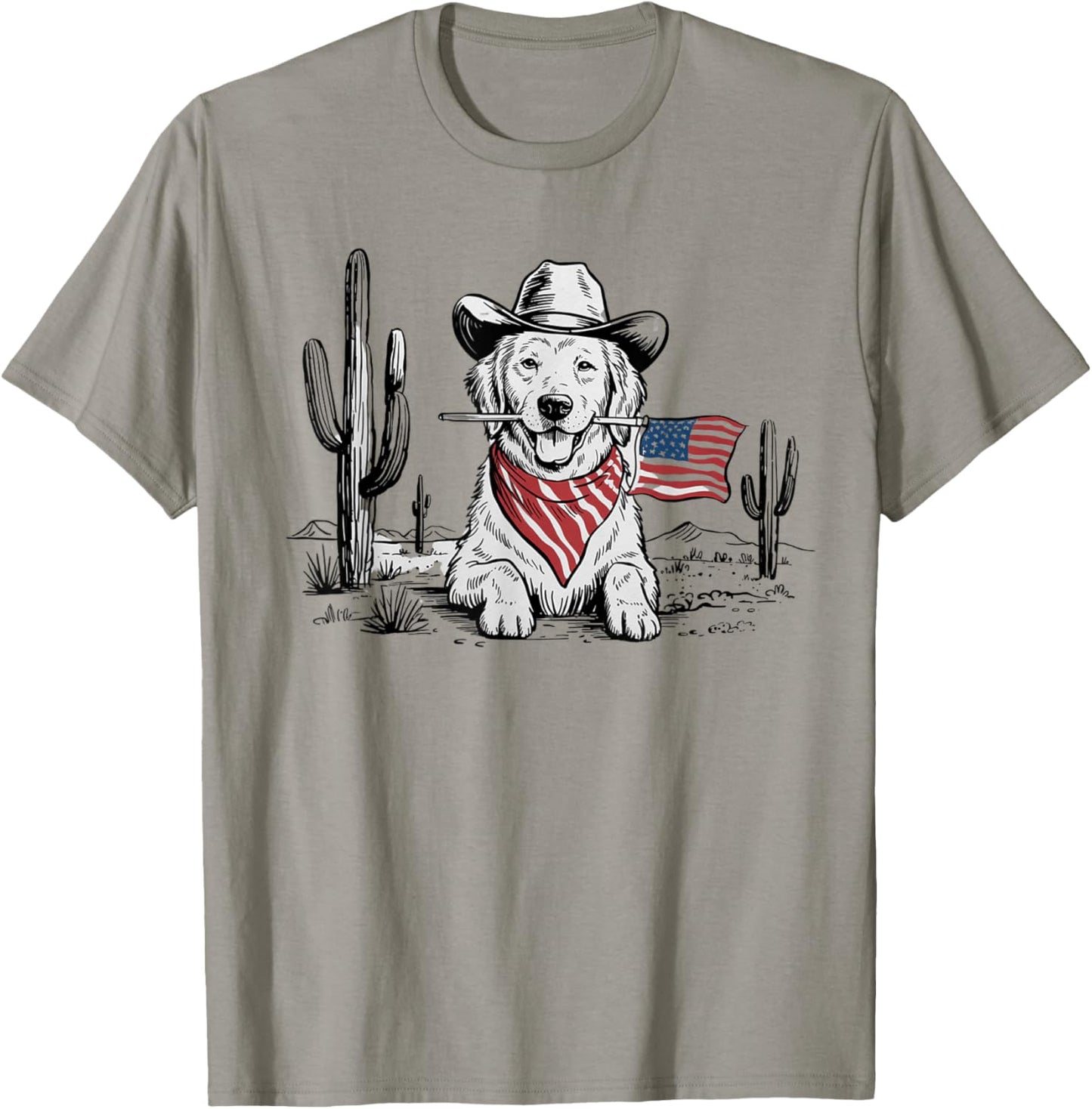 Golden Retriever USA Flag Cactus Western Theme Patriot Party T-Shirt