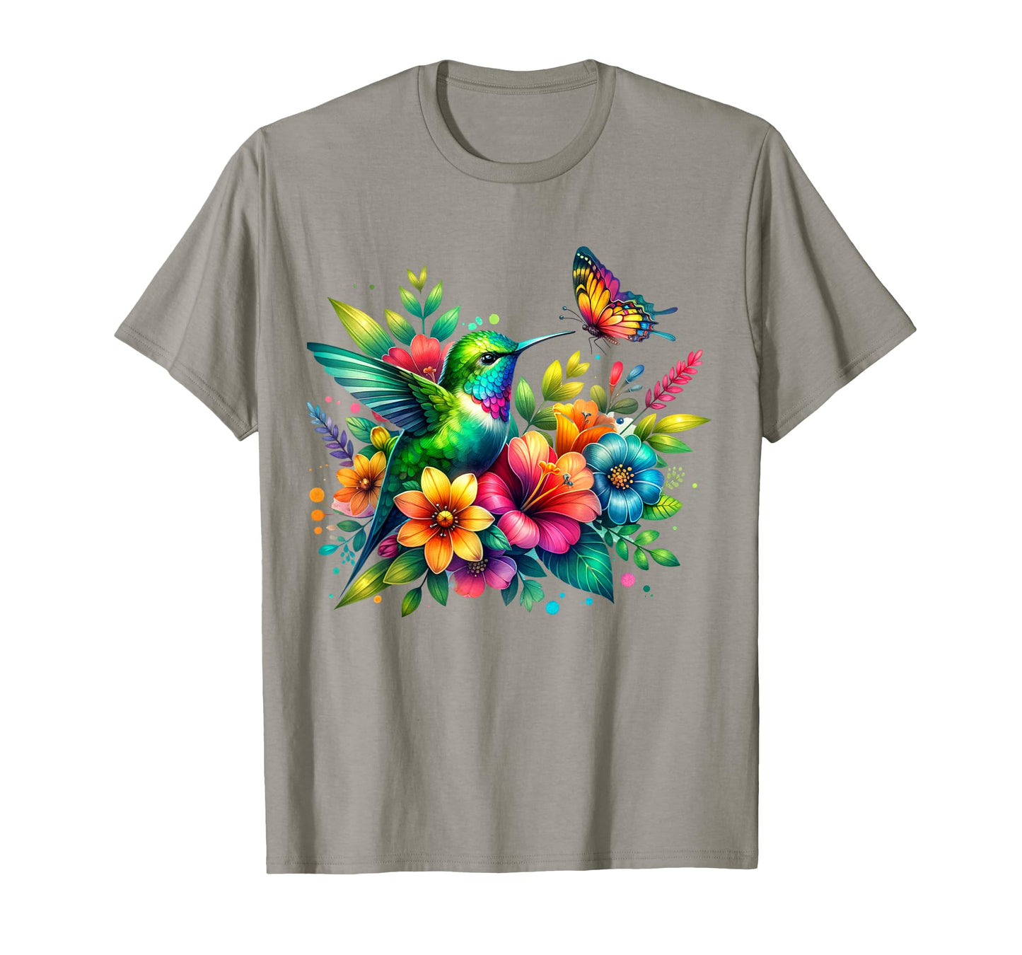 Floral Watercolor Hummingbird & Butterfly T-Shirt