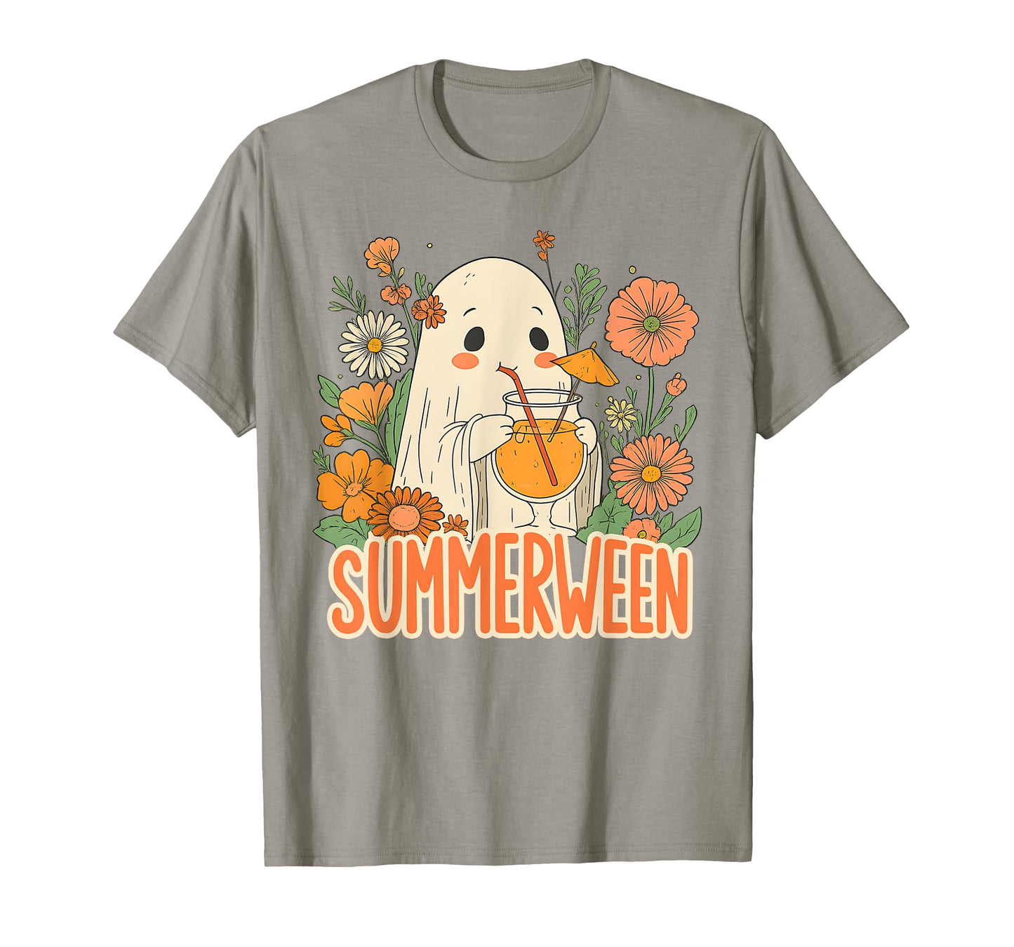 Retro Summerween Ghost Boho Floral Summer Halloween Cocktail T-Shirt