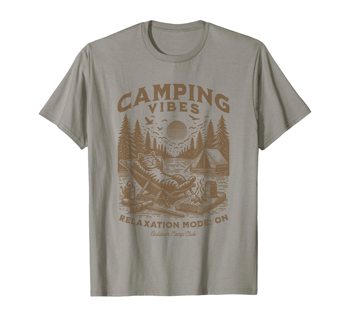 Camping Vibes Funny Cat Campfire Outdoor Nature Lovers Camp Men Women Kids T-Shirt