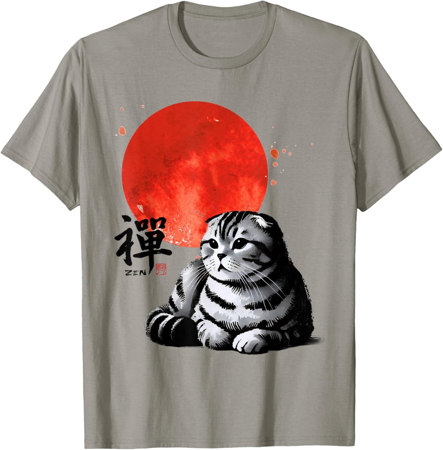 Scottish Fold Cat Sumi-e Art with Japanese Red Sun T-Shirt