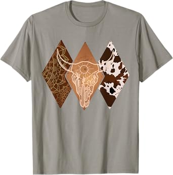 Country Cowboy Rodeo Cowgirl Western Texas Boho Bull Skull T-Shirt