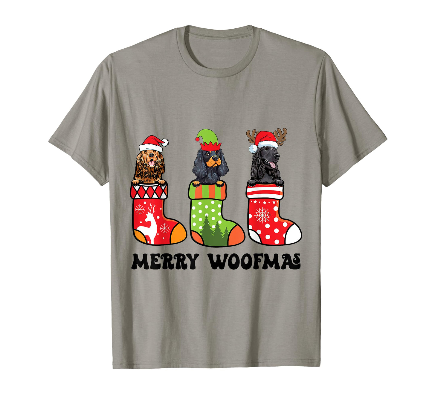 Cocker Spaniel Dogs With Reindeer Santa On Christmas Sock T-Shirt