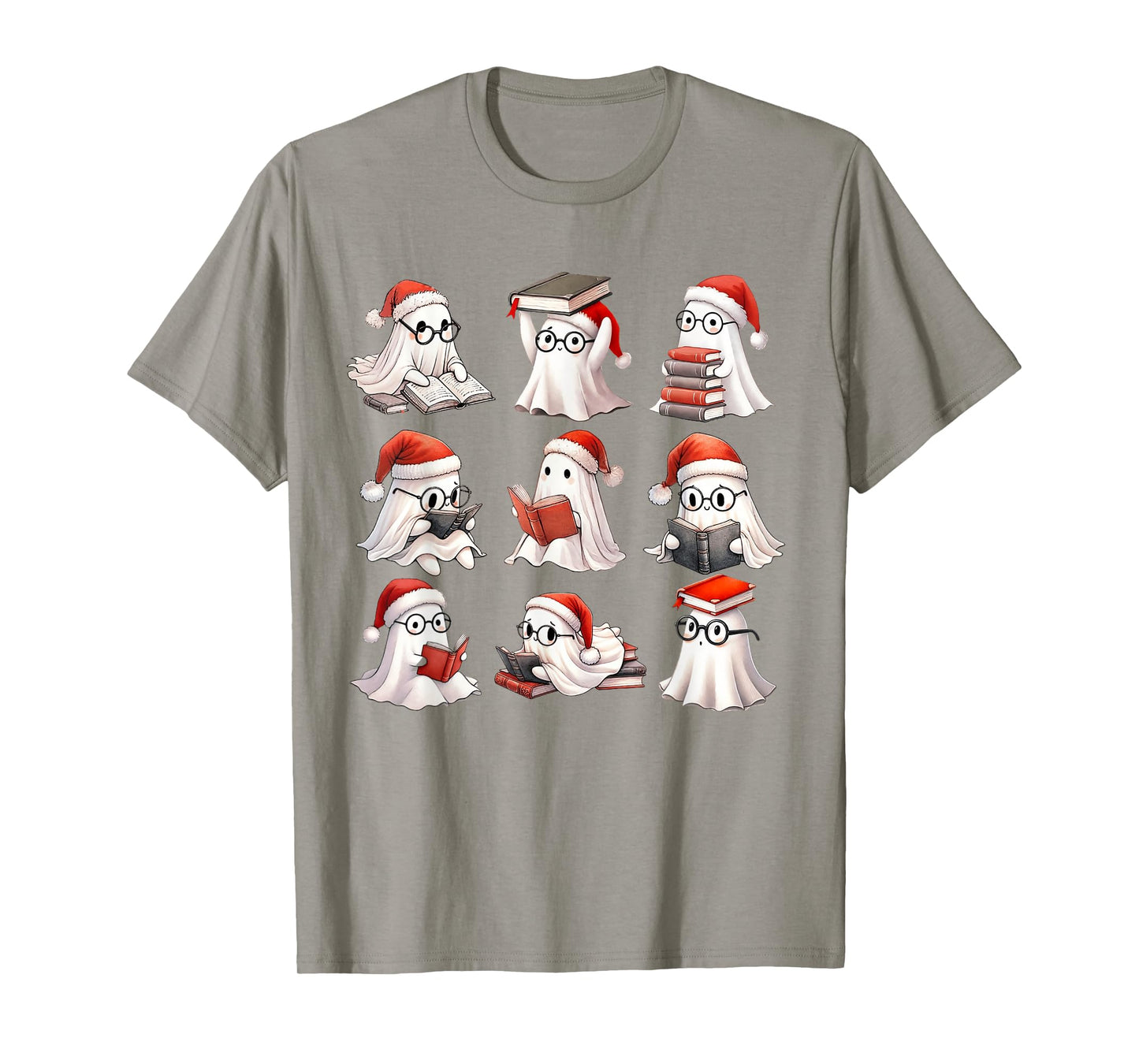 Christmas Ghost Reading Book Lovers Spooky Ghost Santa Hat T-Shirt