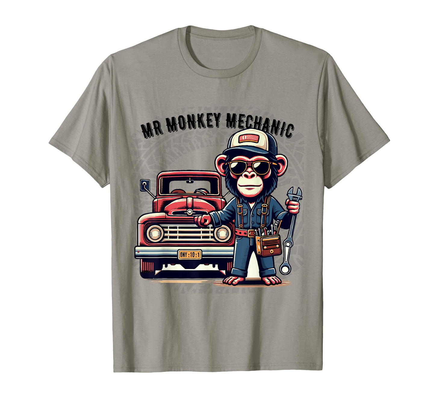 Mr Cute Monkey Mechanic Sunglasses Working on Vintage Truck T-Shirt