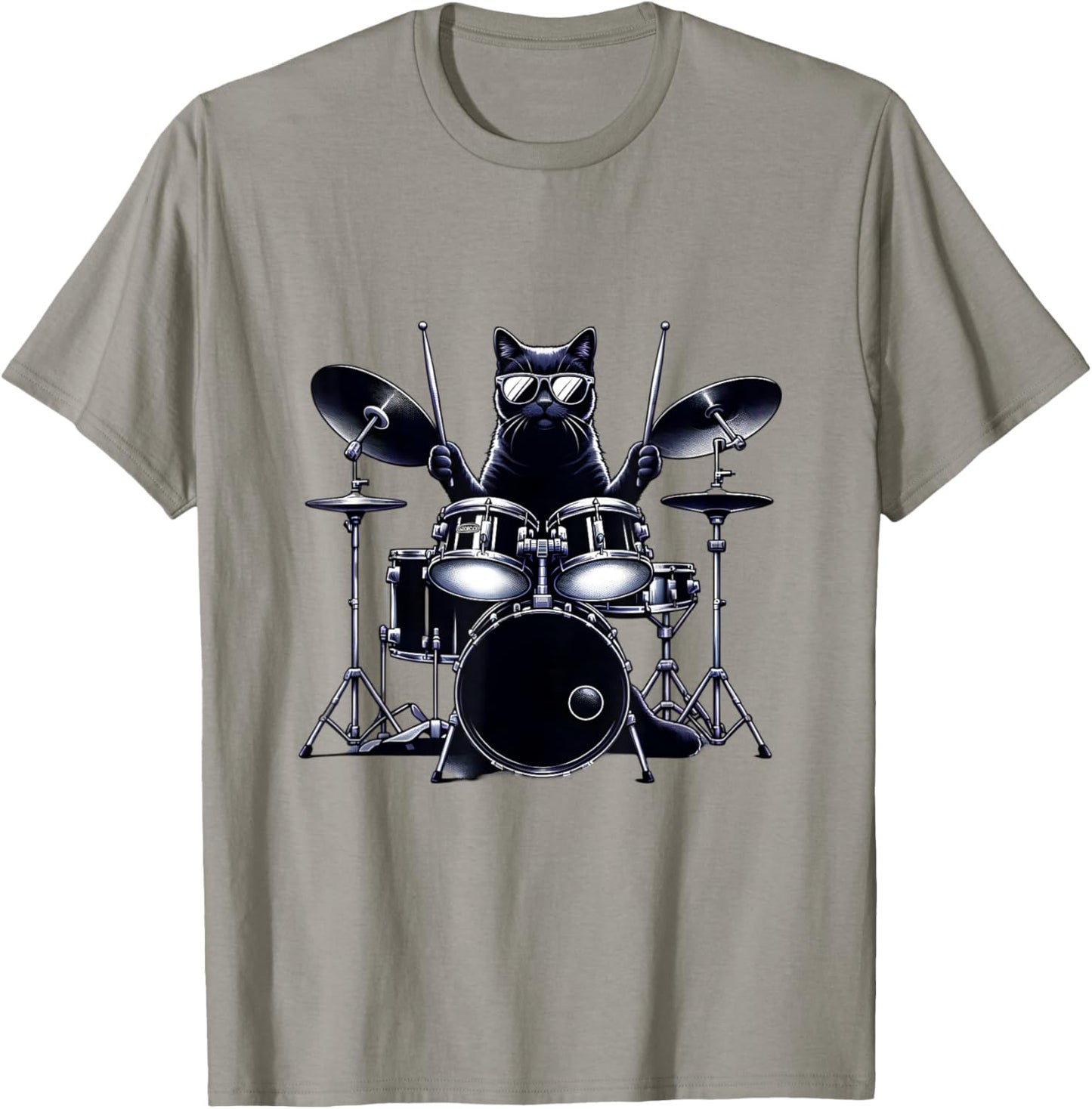 T-Shirt, Unisex-Adults/Kids, Grey, Short Sleeve, Cat, Drumming, Graphic, Music, Novelty, Classic Fit, Cotton Blend, Machine Wash, Size: Small