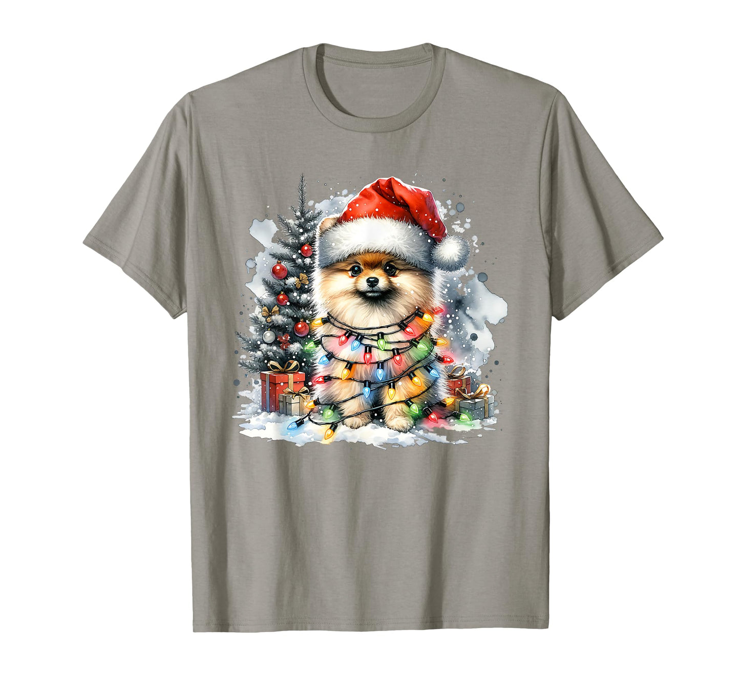 Funny Cute Santa Pomeranian Dog Tangled In Christmas Lights T-Shirt