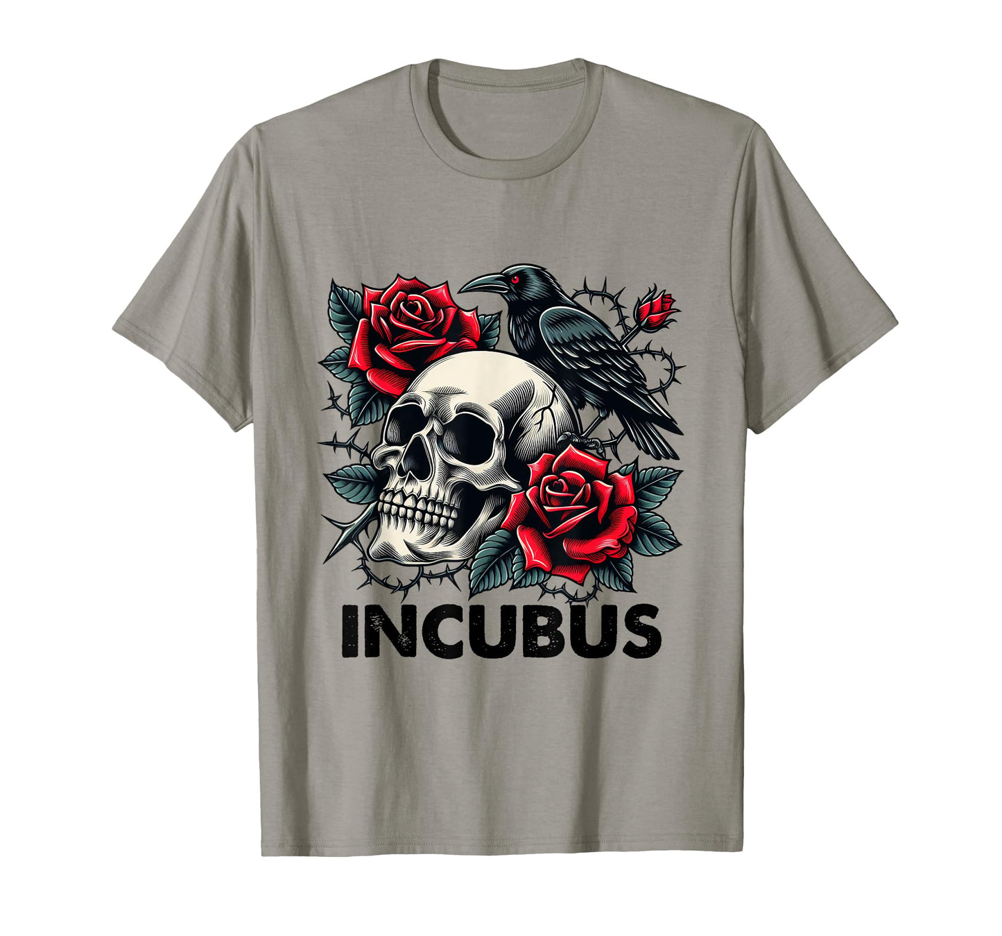 Retro Halloween Graphic Incubus-Crow Left Skull And Flower T-Shirt