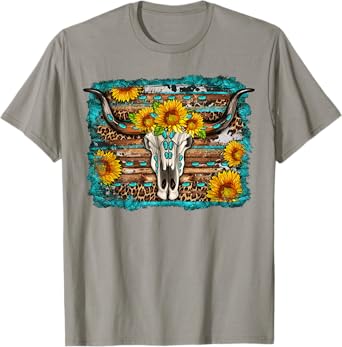 Longhorn Bull Skull Sunflower Turquoise Western Country T-Shirt