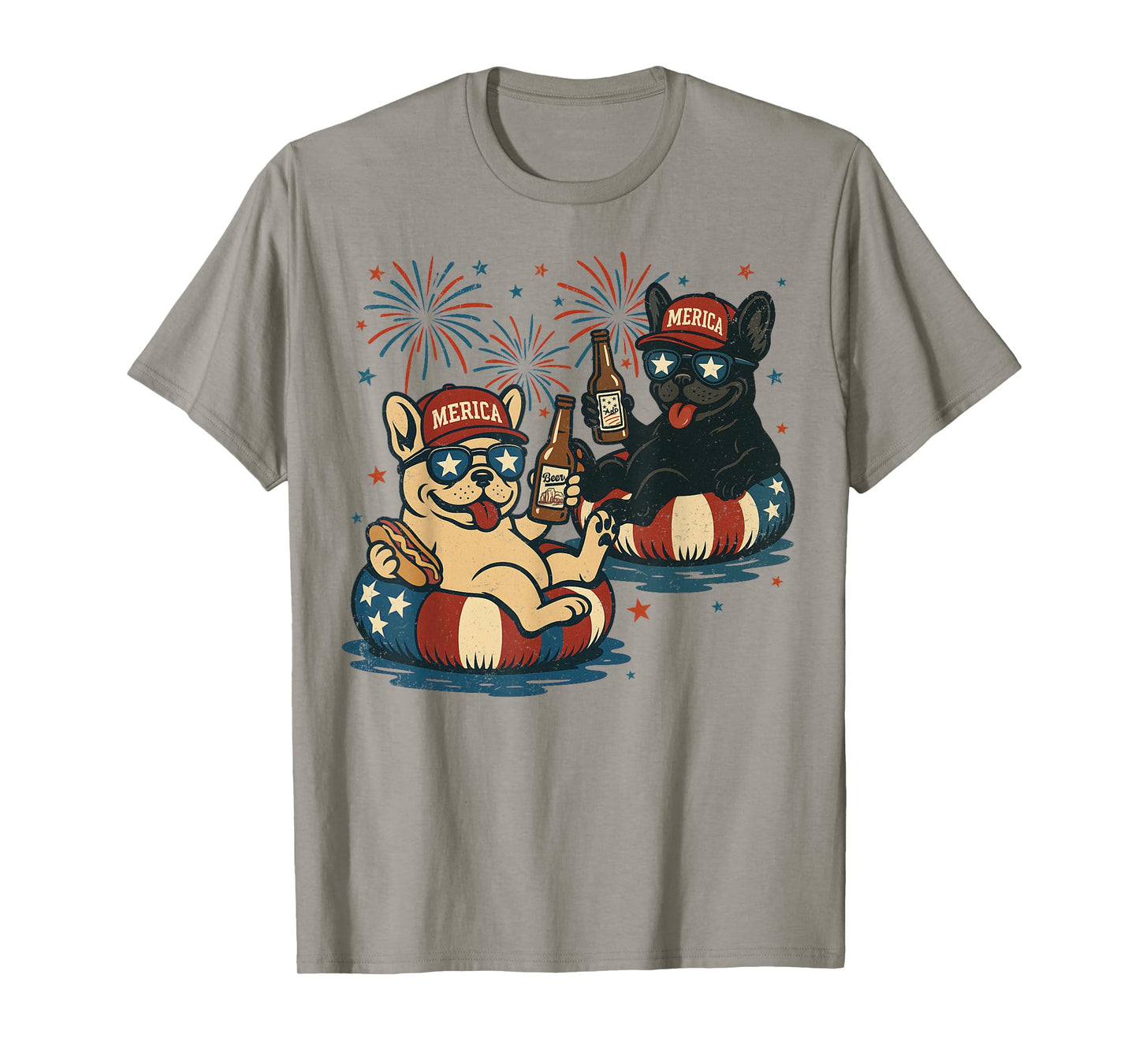 Retro Dogs With Beer, French Bulldog Adult 4th of July T-Shirt