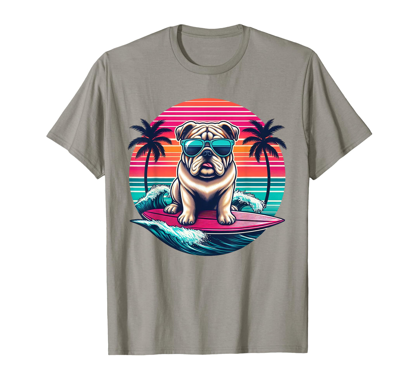 Surfing English Bulldog Retro Sunset Men Women Kids T-Shirt