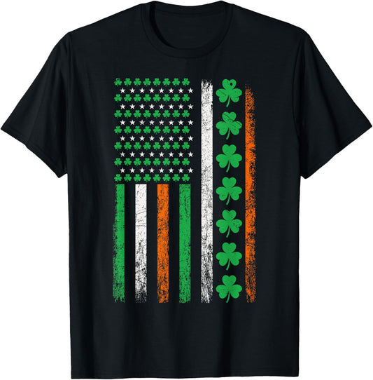 American Flag St Patricks Day Vintage Irish Lucky Shamrocks T-Shirt T-Shirt - T-Shirt | Black