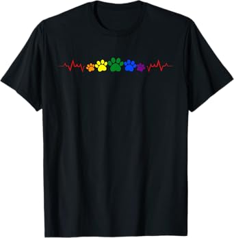 Heartbeat Rainbow Paw Prints Gay Pride LGBT Love T-Shirt