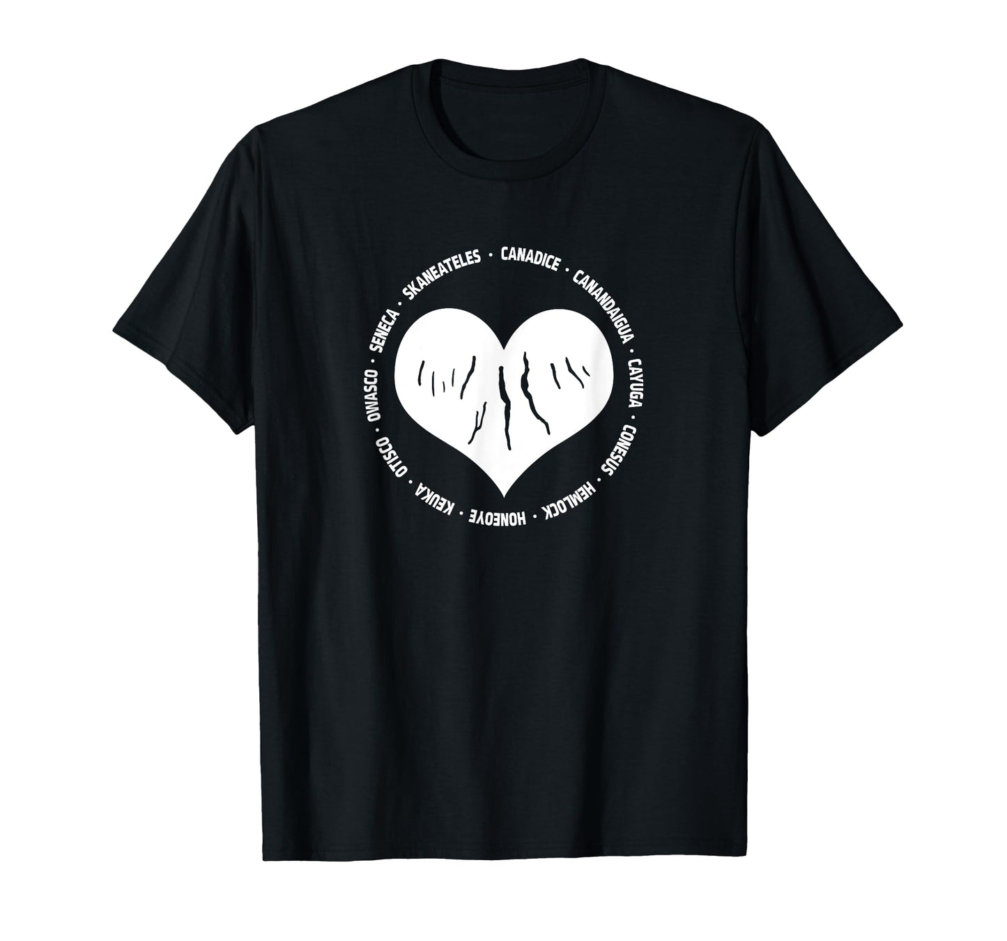 I Love The Finger Lakes New York Gift Heart with Lake Names T-Shirt