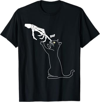 Black Cat Skeleton Hand Boop Cat Nose Funny Halloween Outfit T-Shirt