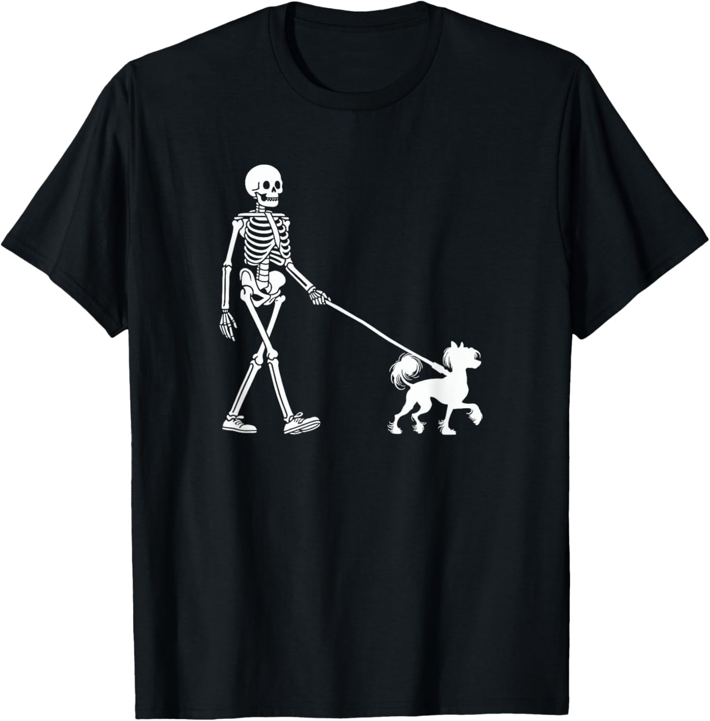 Skeleton Walking a Dog Chinese Crested Dog Halloween Outfit T-Shirt