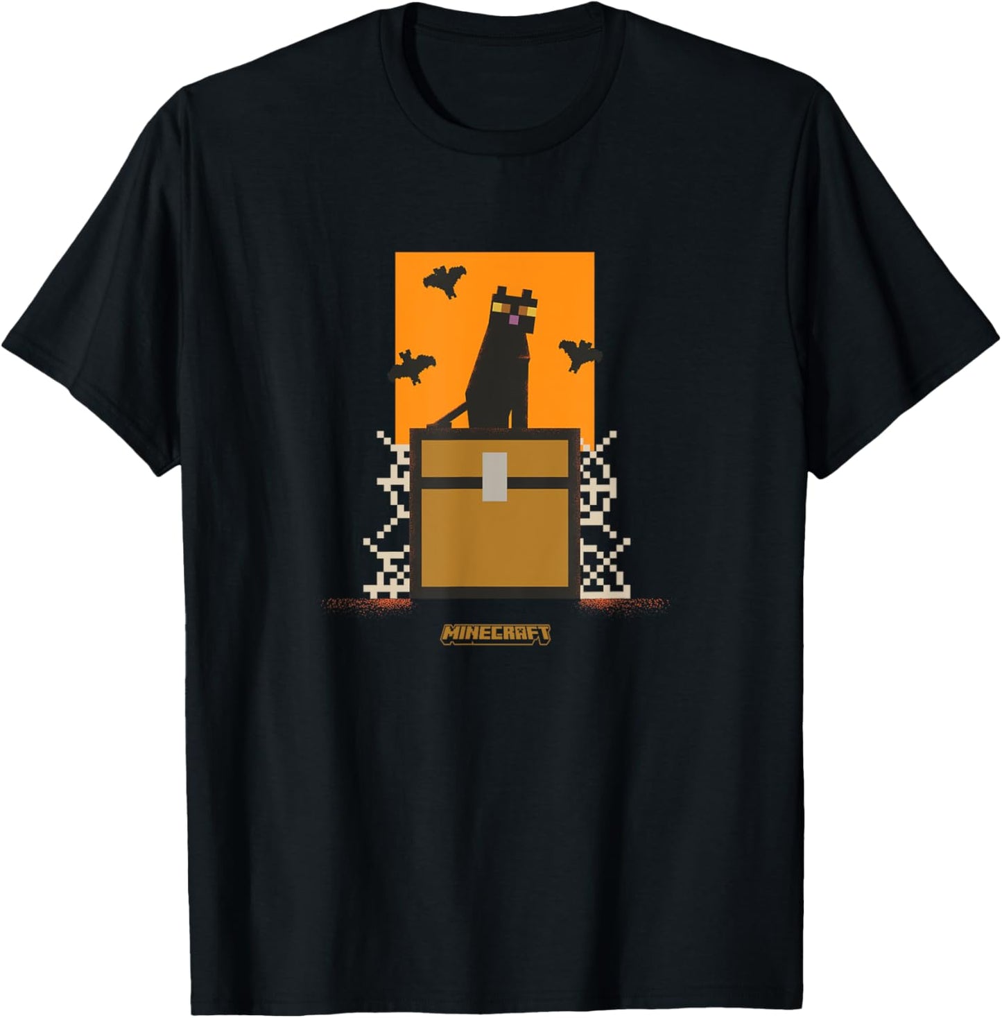 Minecraft Halloween Bats & Black Cat Atop A Webbed Chest T-Shirt