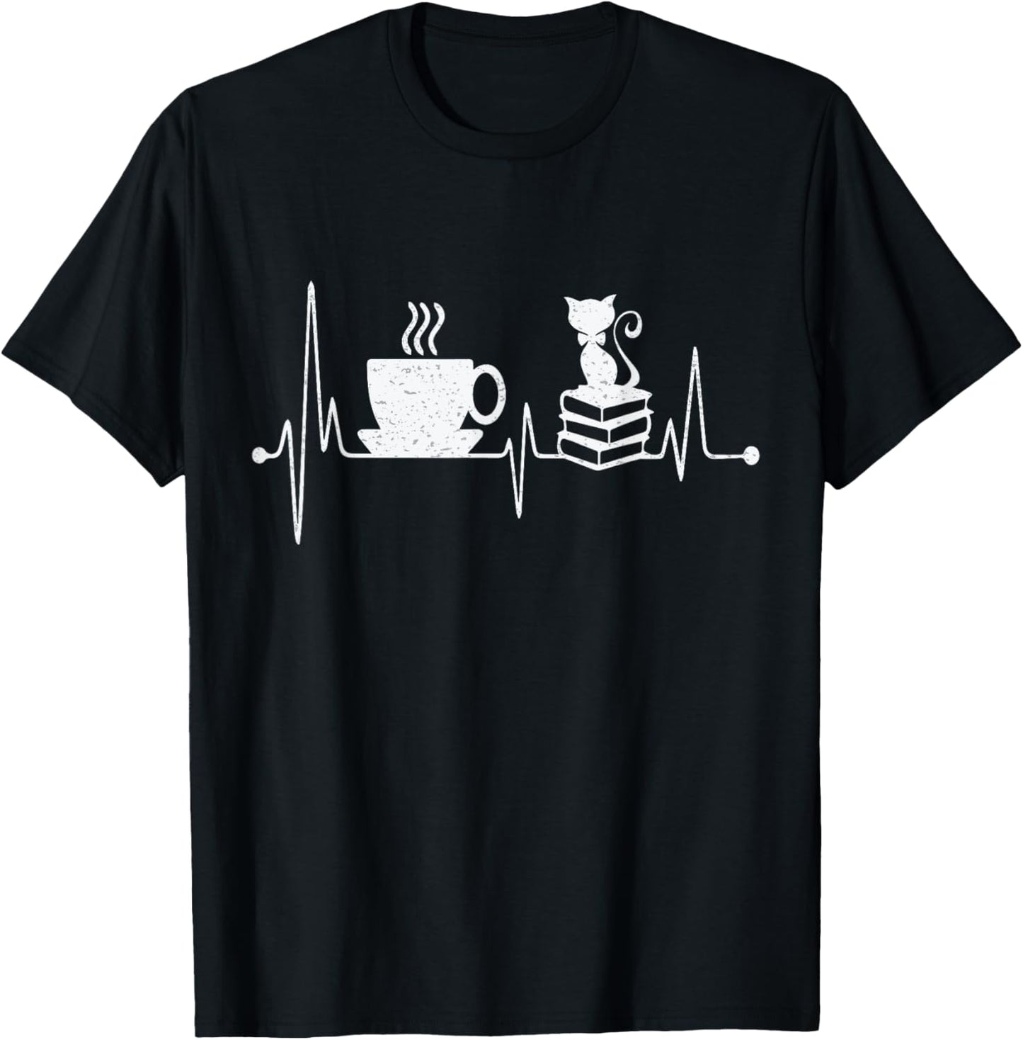 Cat Book Coffee Lover Heartbeat Cat Lover Book Lover T-Shirt