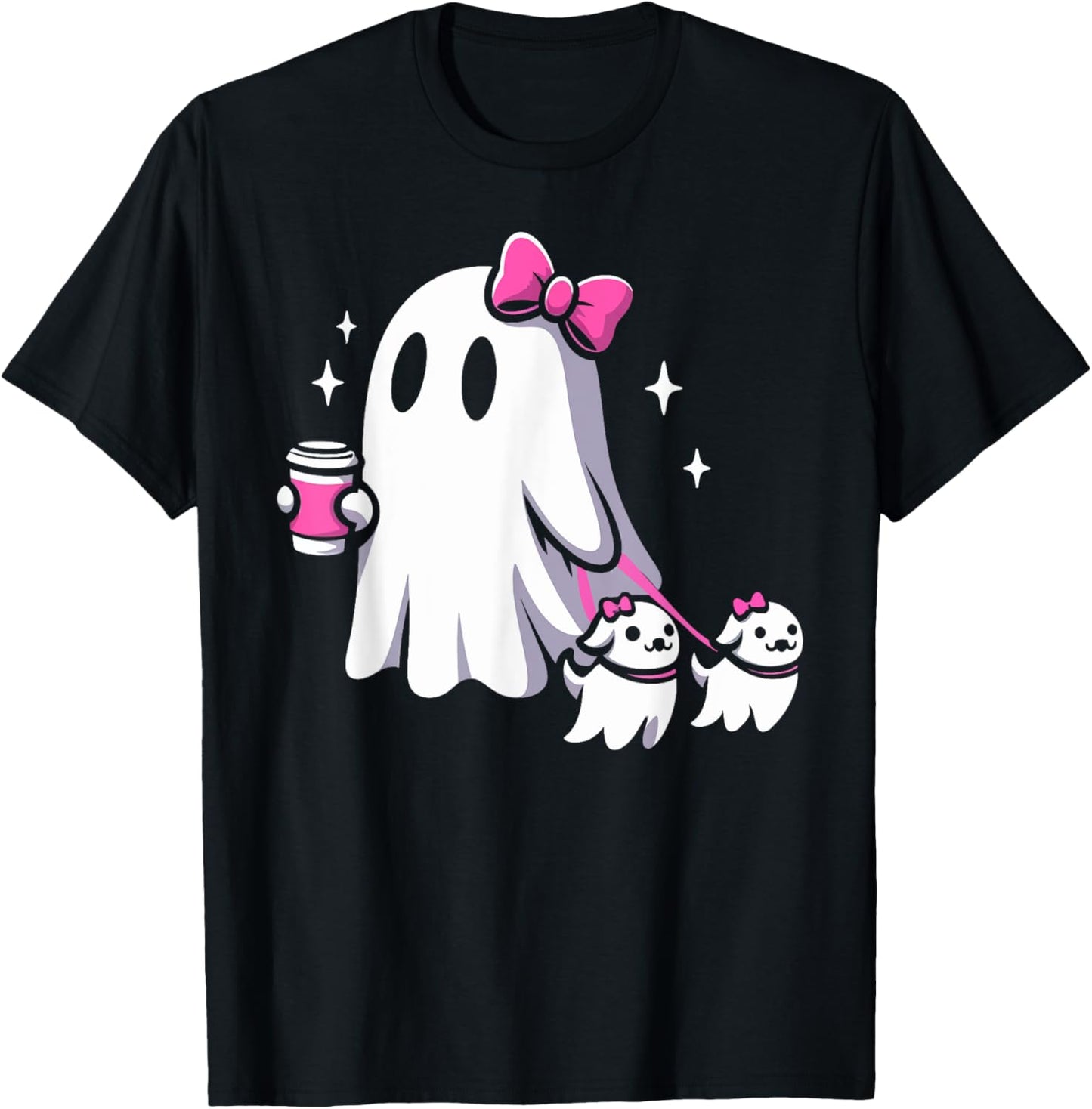 Halloween Cute Ghost Walking Dog Spooky Pink Coquette Ghost T-Shirt