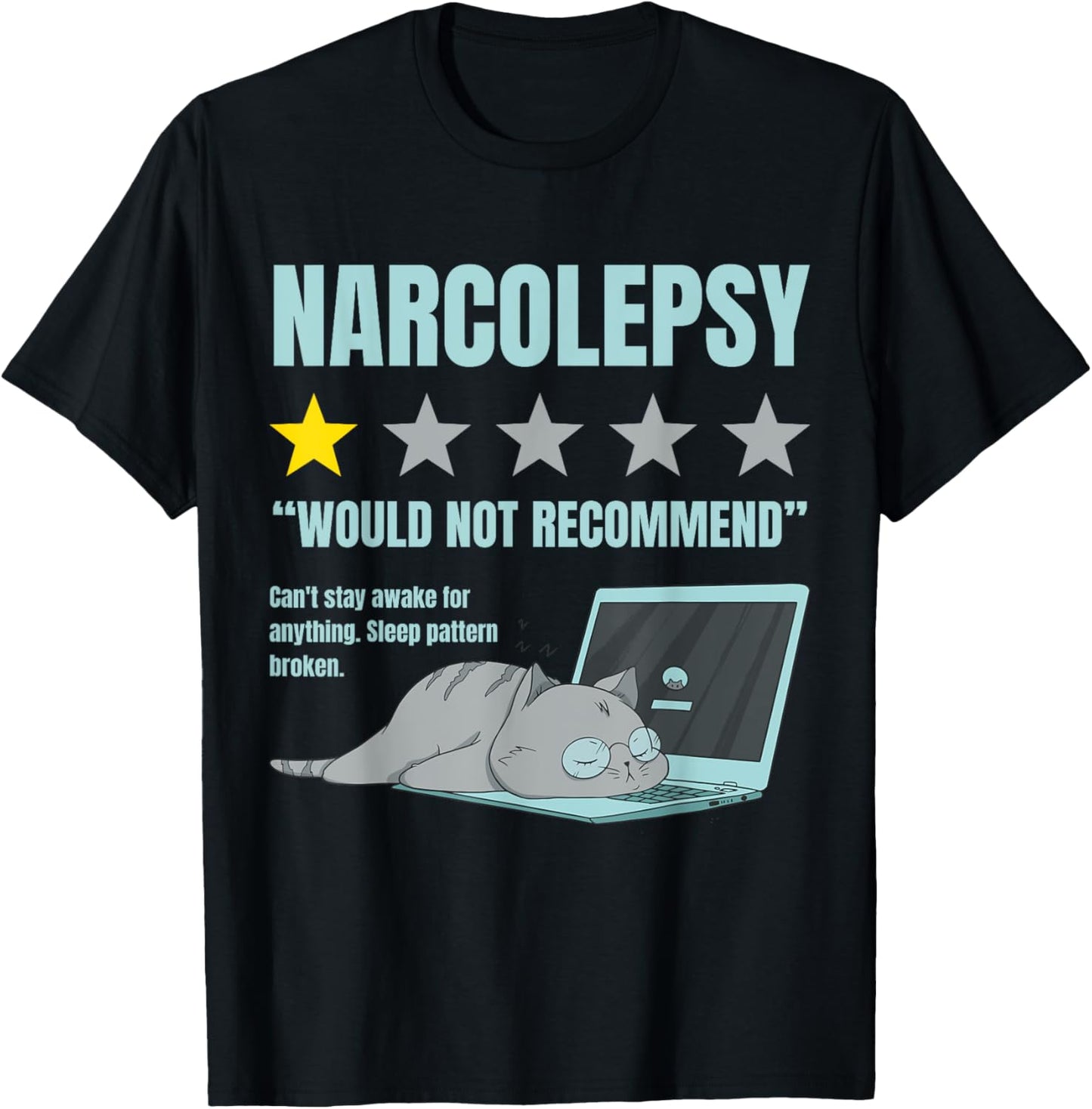 Narcolepsy Awareness, Funny Cat Design, Black Unisex Adult T-Shirt, Small