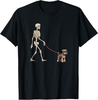 Funny Miniature Schnauzer Skeleton Dog Walking Halloween Dog T-Shirt