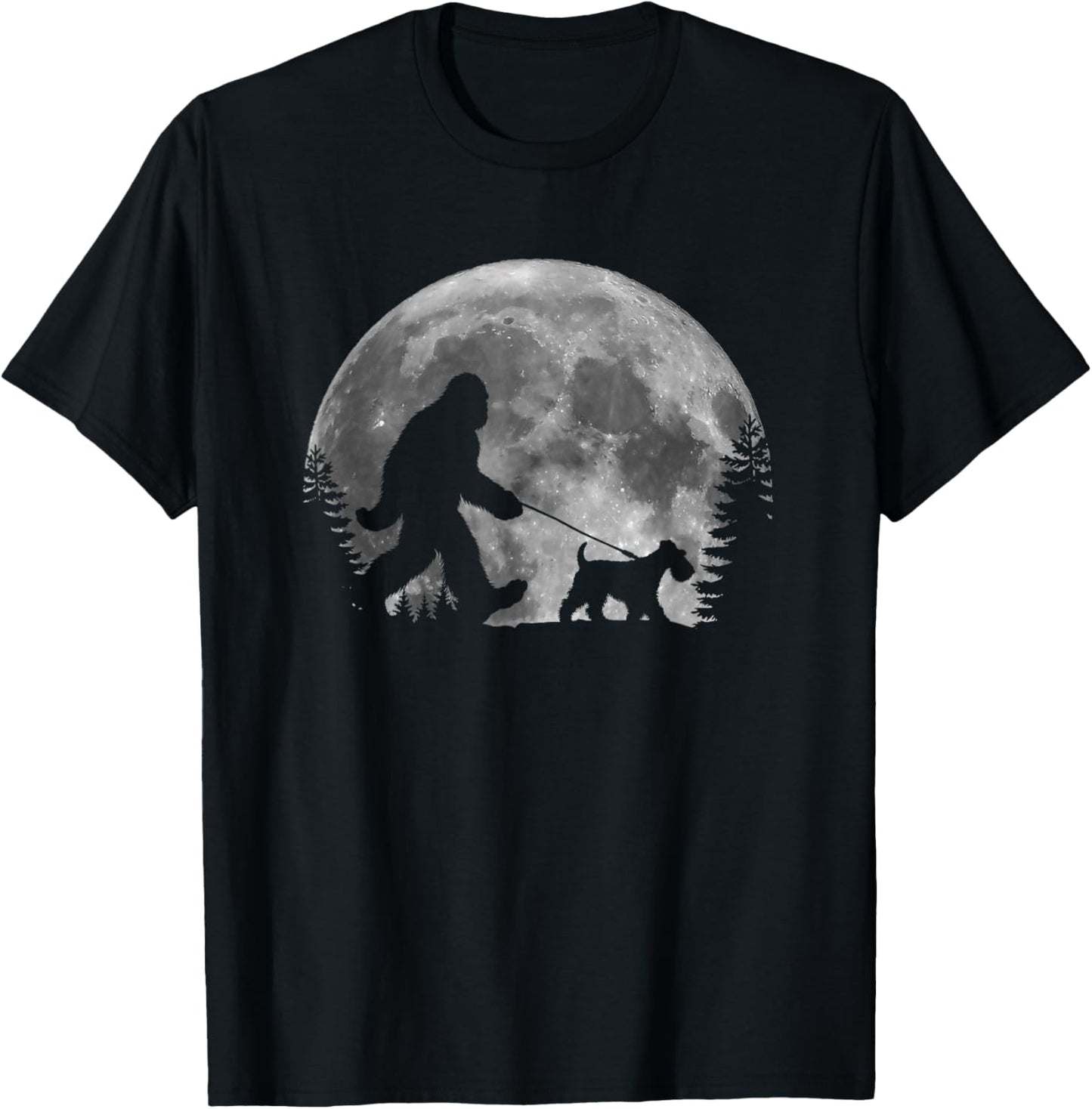 Bigfoot Walking a Dog Funny Welsh Terrier Moon Halloween T-Shirt
