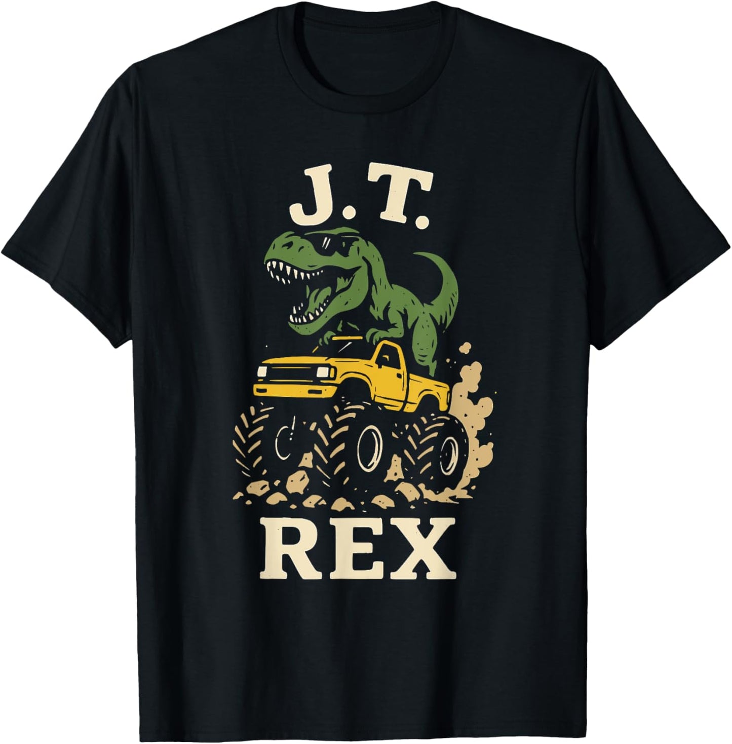 T. Rex J.T. Initials Retro Dinosaur Riding Monster Truck T-Shirt