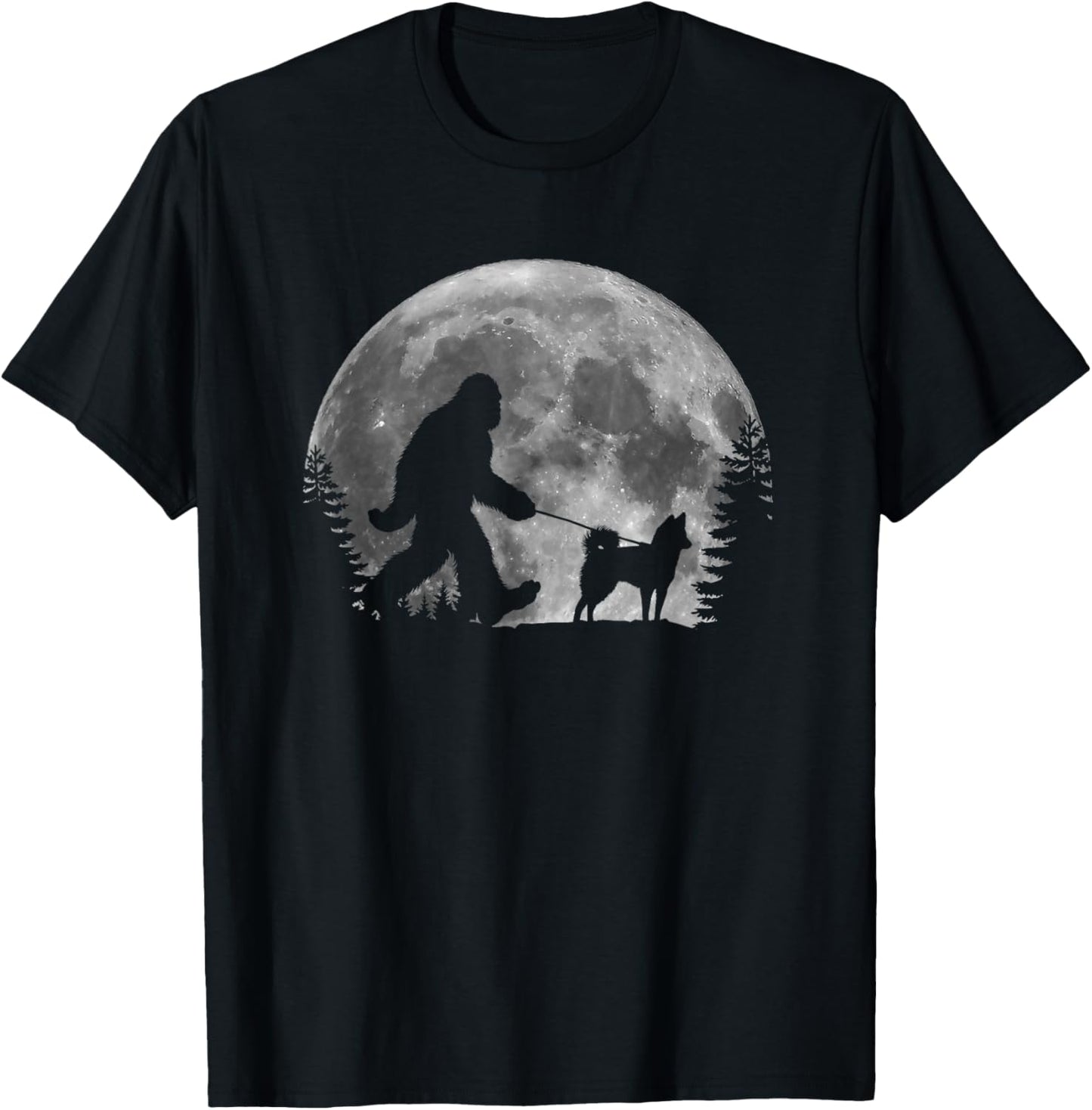 Bigfoot Walking a Dog Funny Alaskan Klee Kai Moon Halloween T-Shirt