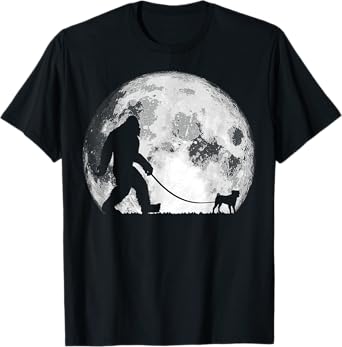 Bigfoot & Pug Funny Night Time Dog Walking Graphic T-Shirt for Men Women