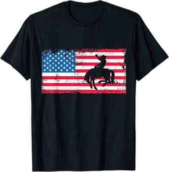 Retro American Flag Rodeo Bronc Horse Riding Cowboy Cowgirl T-Shirt