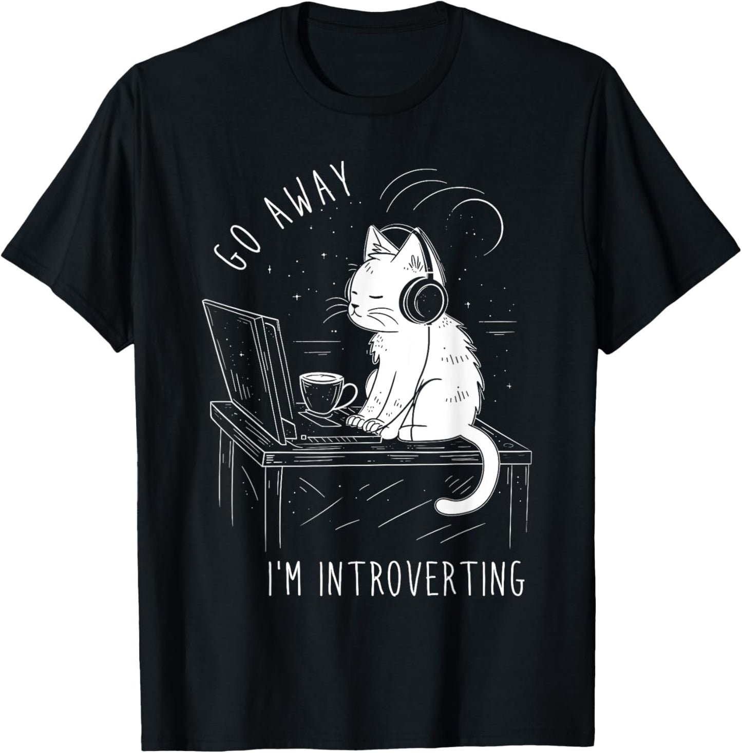Introvert Cat with Coffee on Computer Antisocial Emo Goth T-Shirt