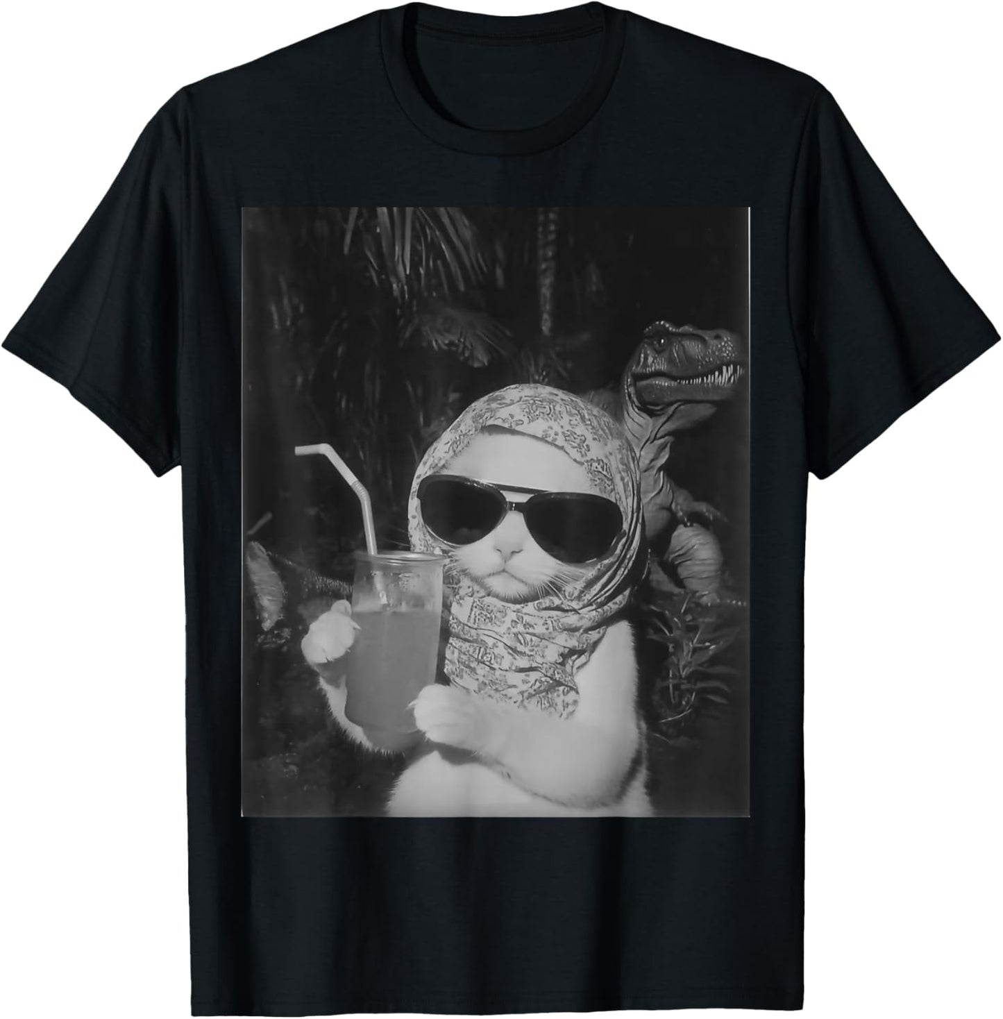 Chill And Cool Cat Drinking Fruit Selfie With Dinosaur T-Rex T-Shirt