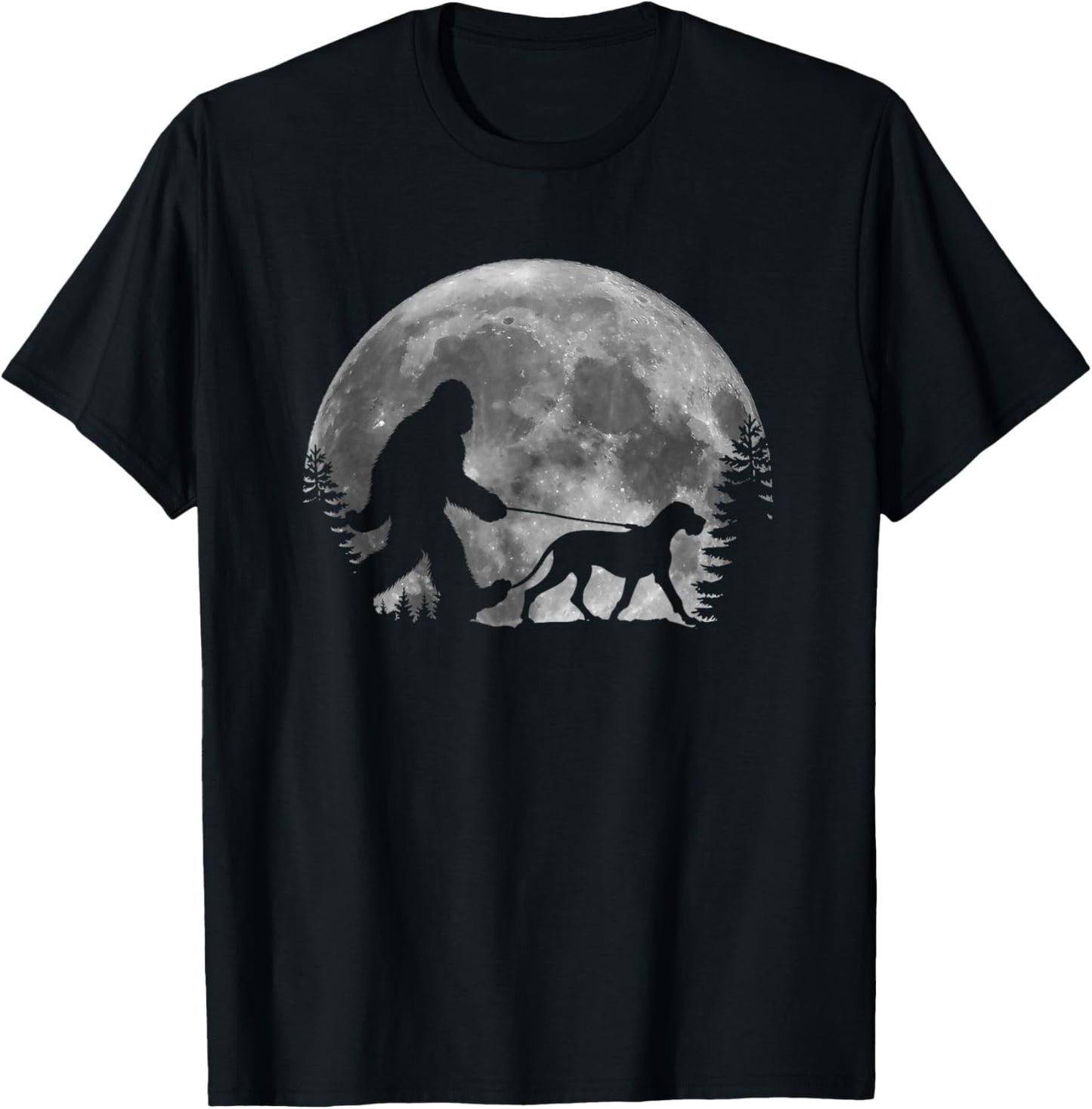 Bigfoot Walking a Dog Funny Great Dane Lovers Moon Halloween T-Shirt