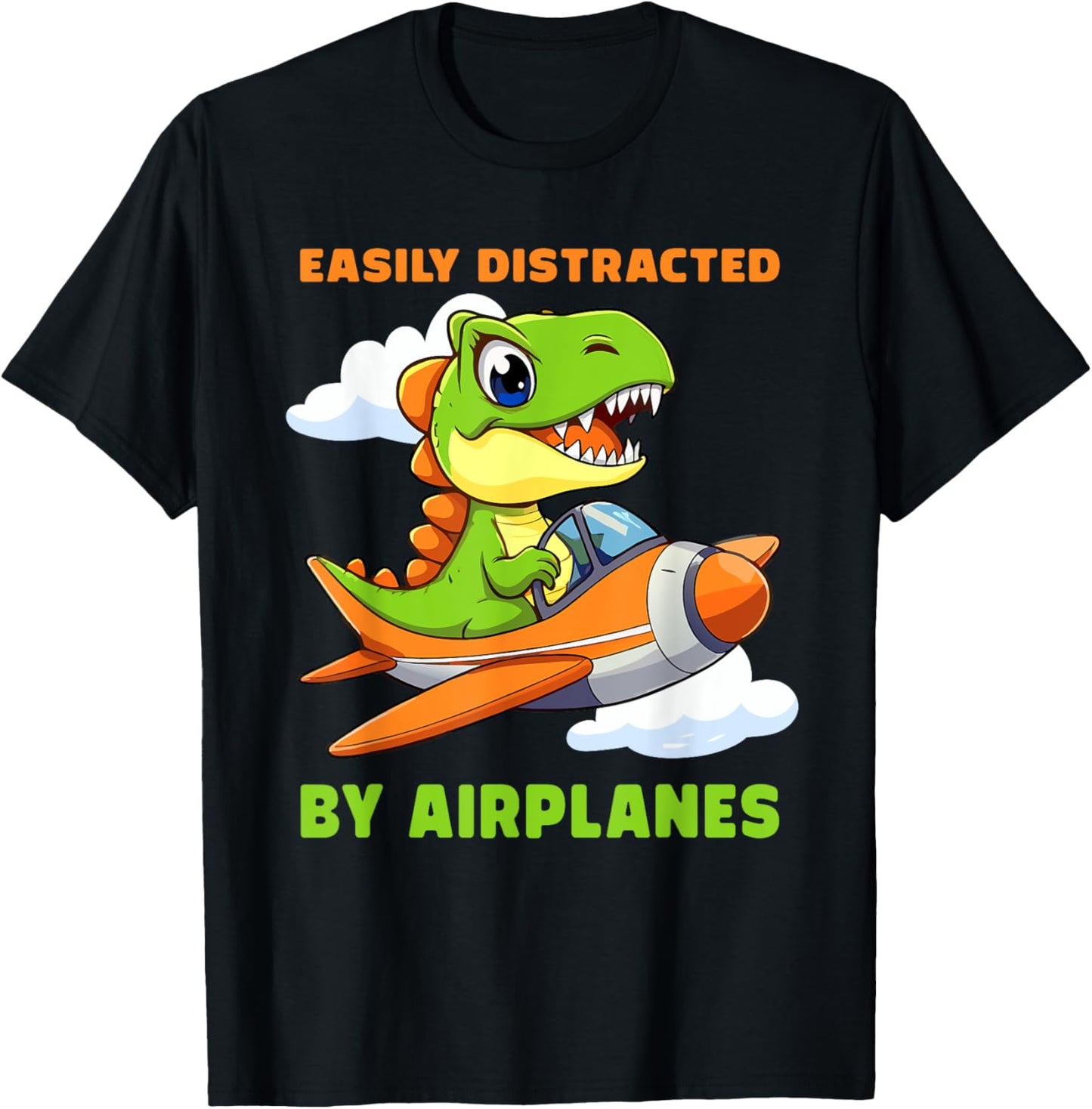 Easily Distracted By Airplanes Funny Dinosaur Aviation Kids T-Shirt