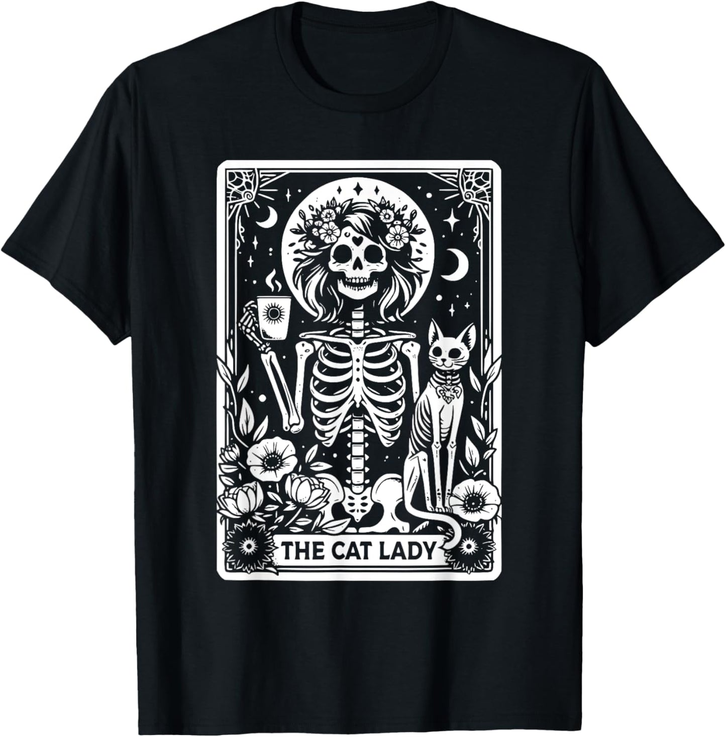 The Cat Lady Tarot Cards Skeleton Coffee Cat Tarot Card T-Shirt