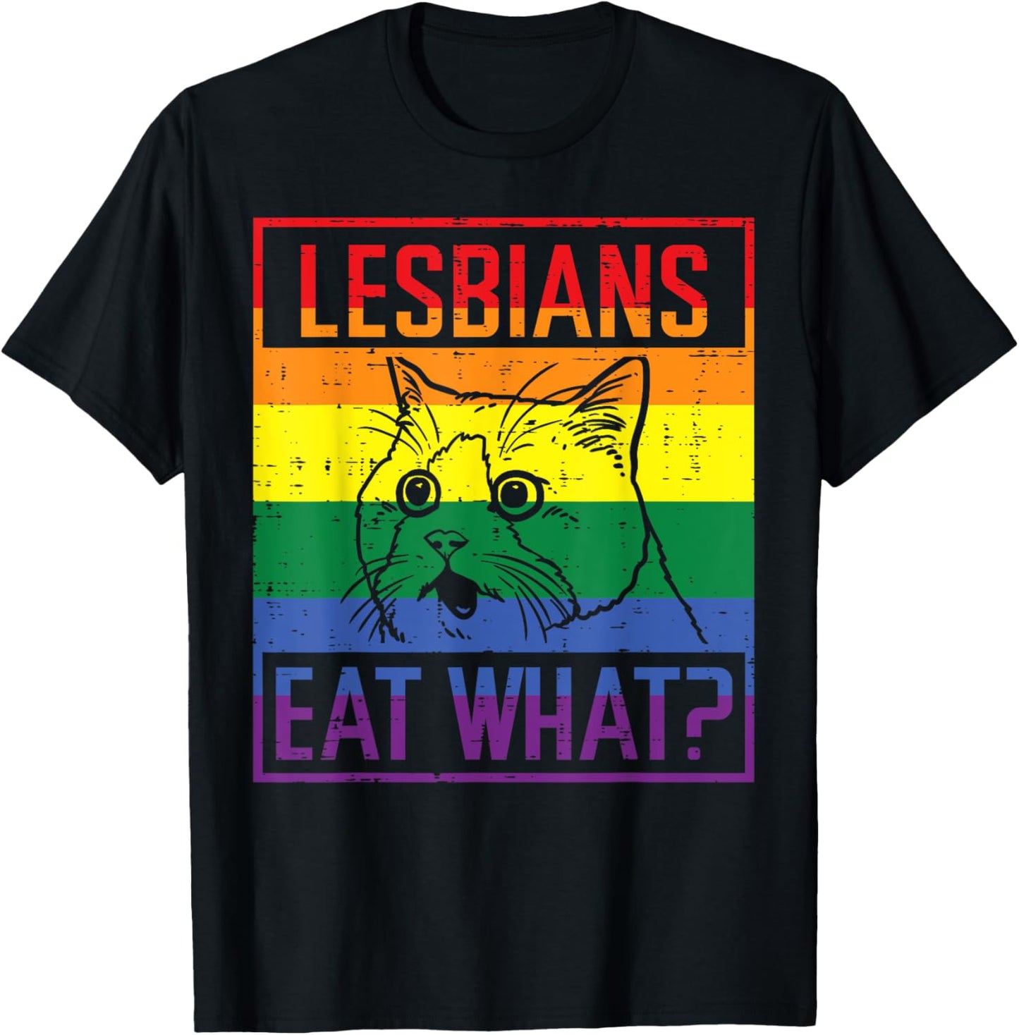 Lesbians Eat What Cat Funny Humor Pun LGBTQ Pride Flag Women T-Shirt