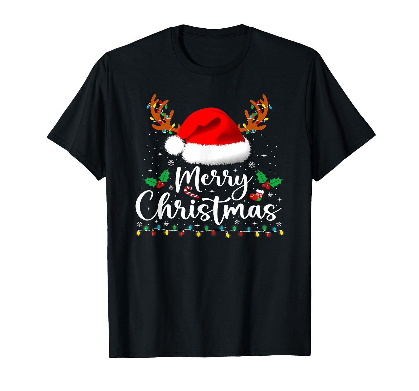 Merry Christmas Reindeer Funny Family Men Women Xmas Lights T-Shirt