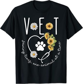 Veterinary Medicine Sunflower Stethoscope Heart Vet Tech T-Shirt