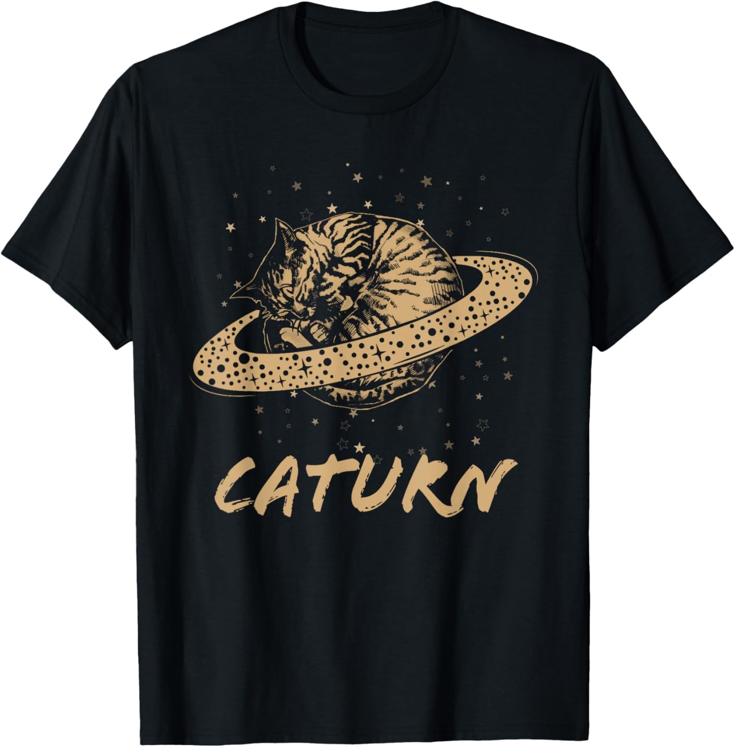Cat Staring at Planet Saturn Retro Science Caturn Astrology T-Shirt