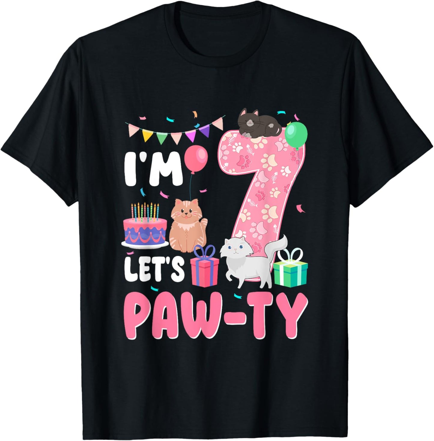 I'm 7 Let's Paw-Ty 7th Birthday Cats Lover 7 Year Old T-Shirt