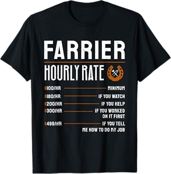 Horse Foot Care Specialist Job Title Wage Chart Funny Farrier Rates Labor Horseshoer Equine Hoof Worker Gift T-Shirt