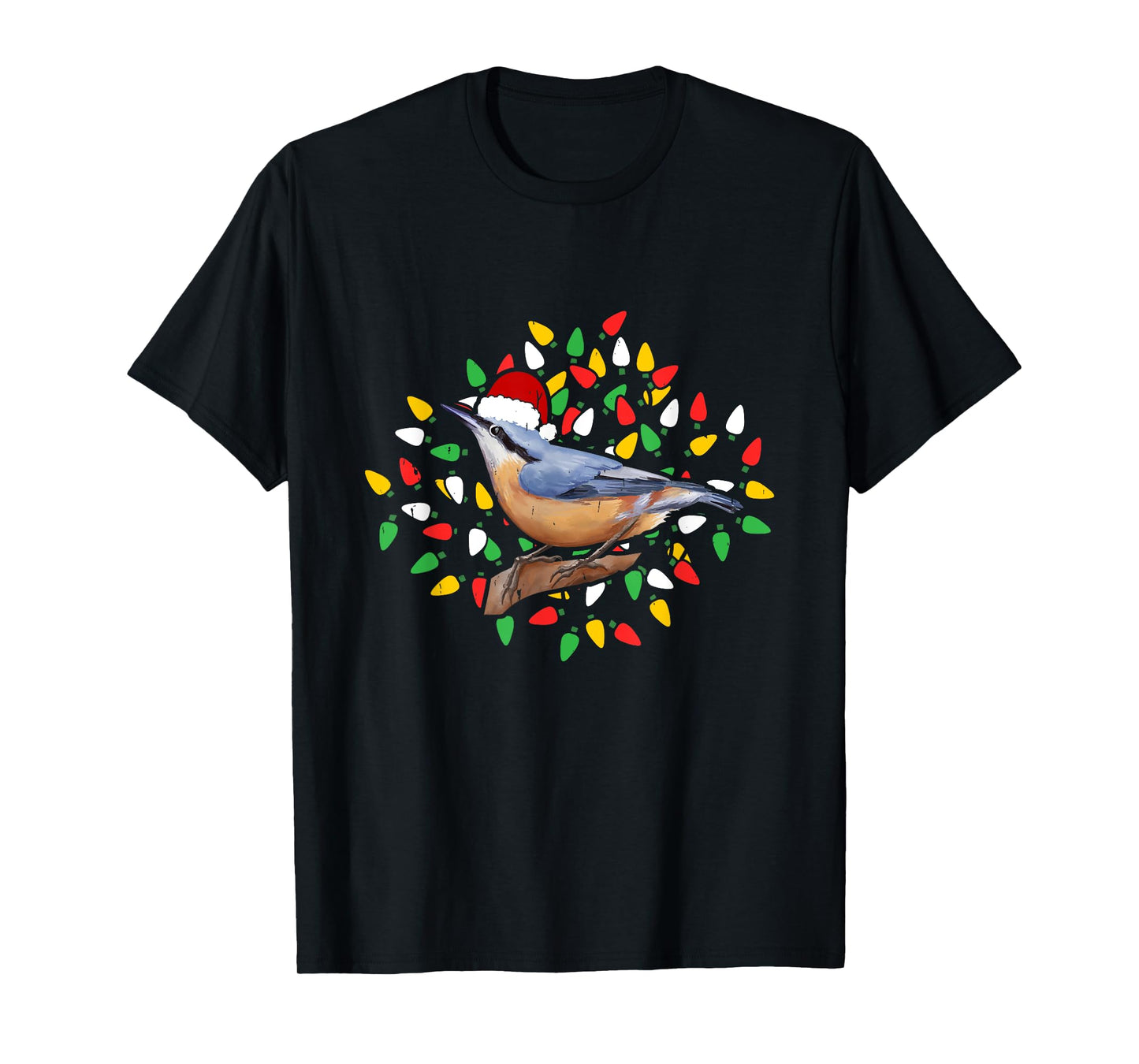 Holiday Xmas Lighting Santa Hat Red Breasted Nuthatch Bird T-Shirt